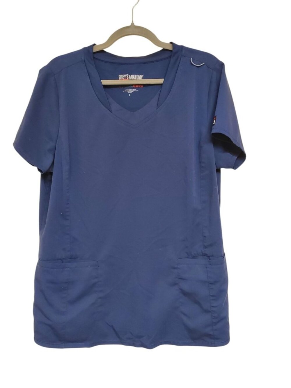 Grey's Anatomy Stretch Women Navy Blue 2 Pocket V-Neck Short Sleeve Scrub Top L